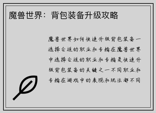 魔兽世界：背包装备升级攻略